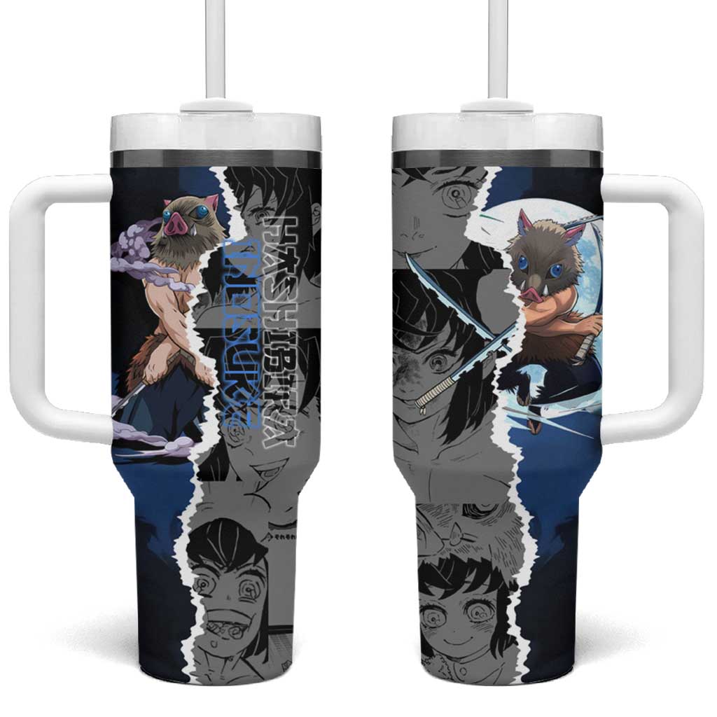 Inosuke Demon Slayer Blue and Black Theme Tumbler With Handle with Boar Mask and Manga Collage Action Design TS04