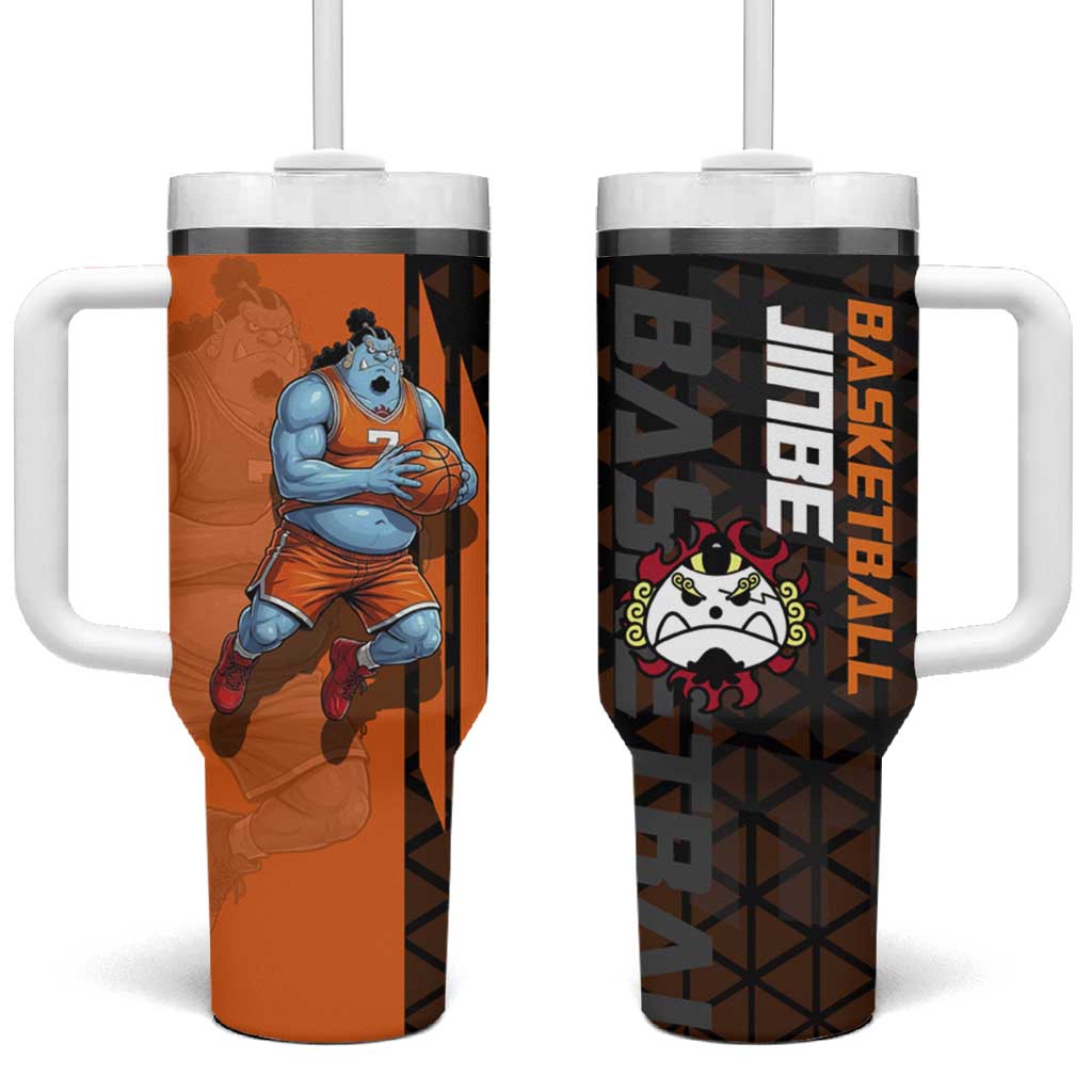 Jinbe One Piece Basketball Theme Orange and Black Design Tumbler With Handle with Powerful Pose and Sun Pirates Emblem TS04