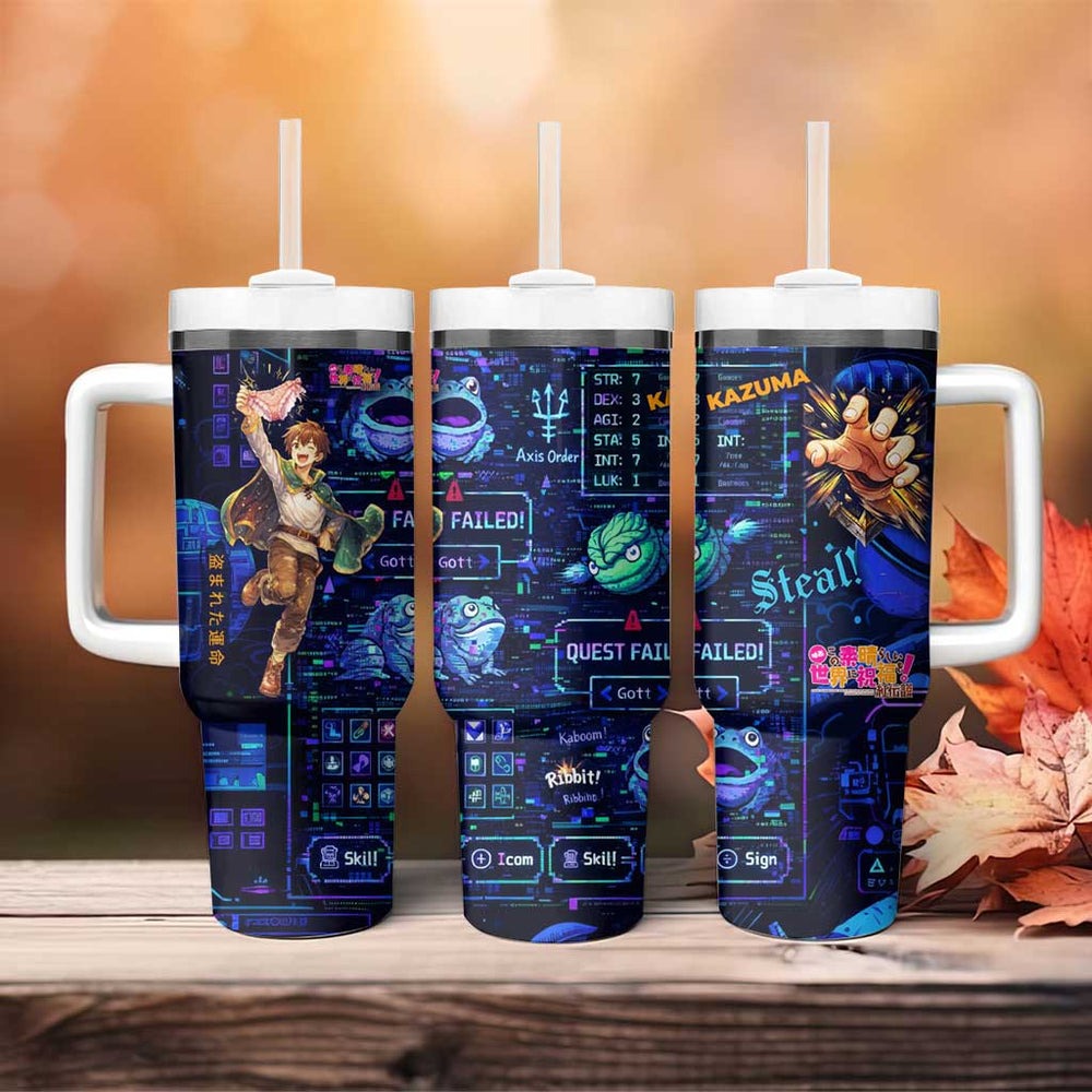 Kazuma Steal Skill Tumbler With Handle Retro Anime RPG Interface Style TS04 Kazuma Steal Skill Tumbler With Handle Retro Anime RPG Interface Style TS04