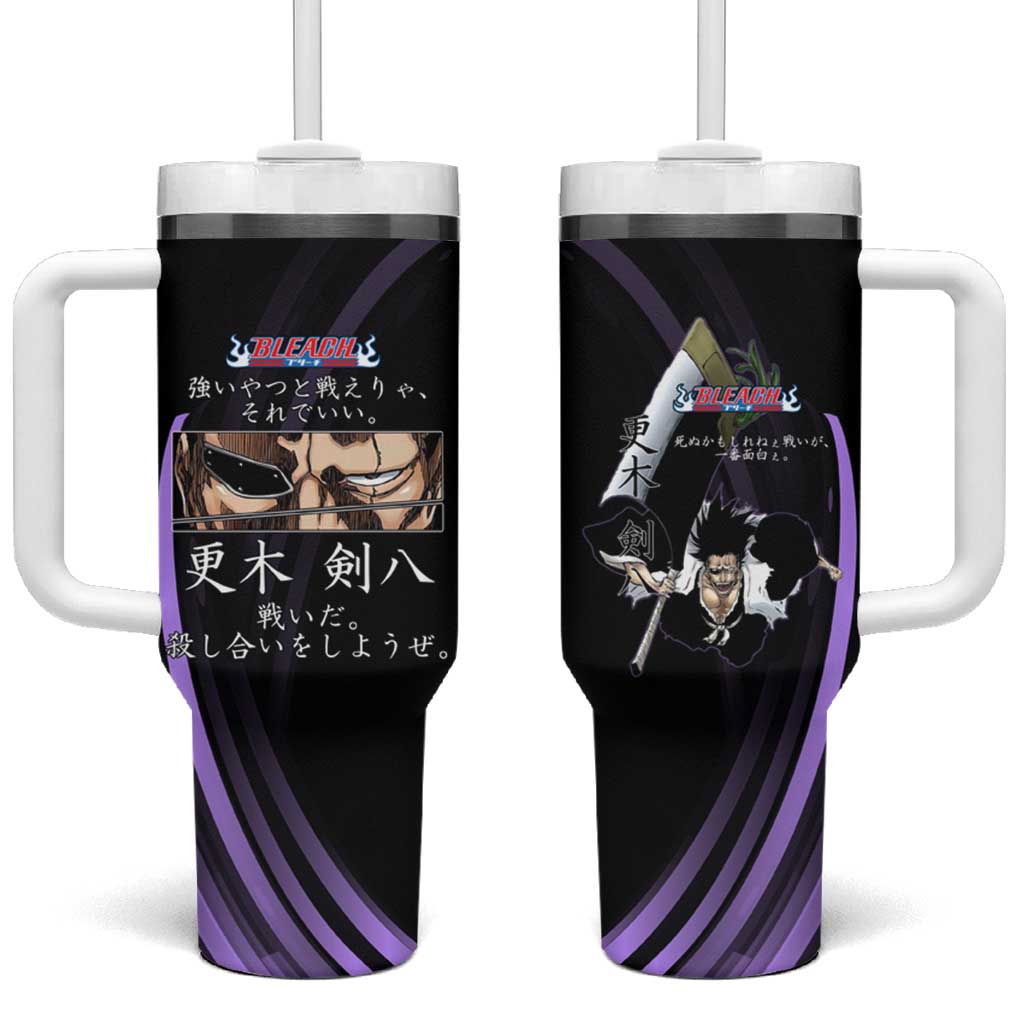 Kenpachi Zaraki Bleach Anime Black and Purple Theme Tumbler With Handle with Battle Stance and Japanese Quote Design TS04