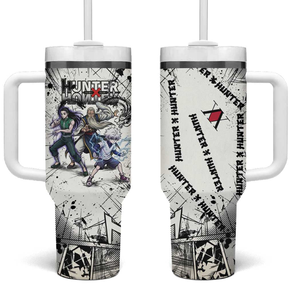Killua Silva Illumi Team Design Tumbler With Handle with Monochrome Graffiti Background and Hunter Association Symbols TS04