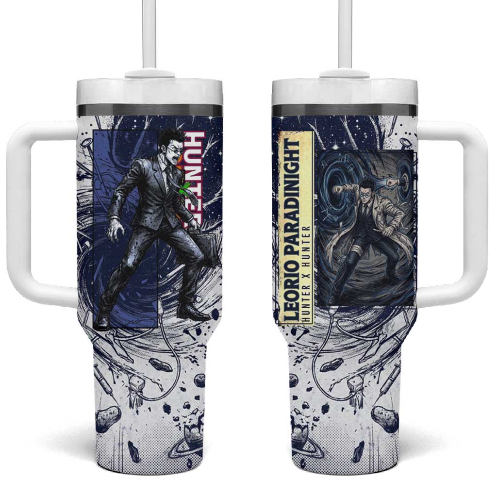Leorio Paradinight Portal Energy Theme Tumbler With Handle with Dynamic Anime Artwork and Blue Grunge Design TS04