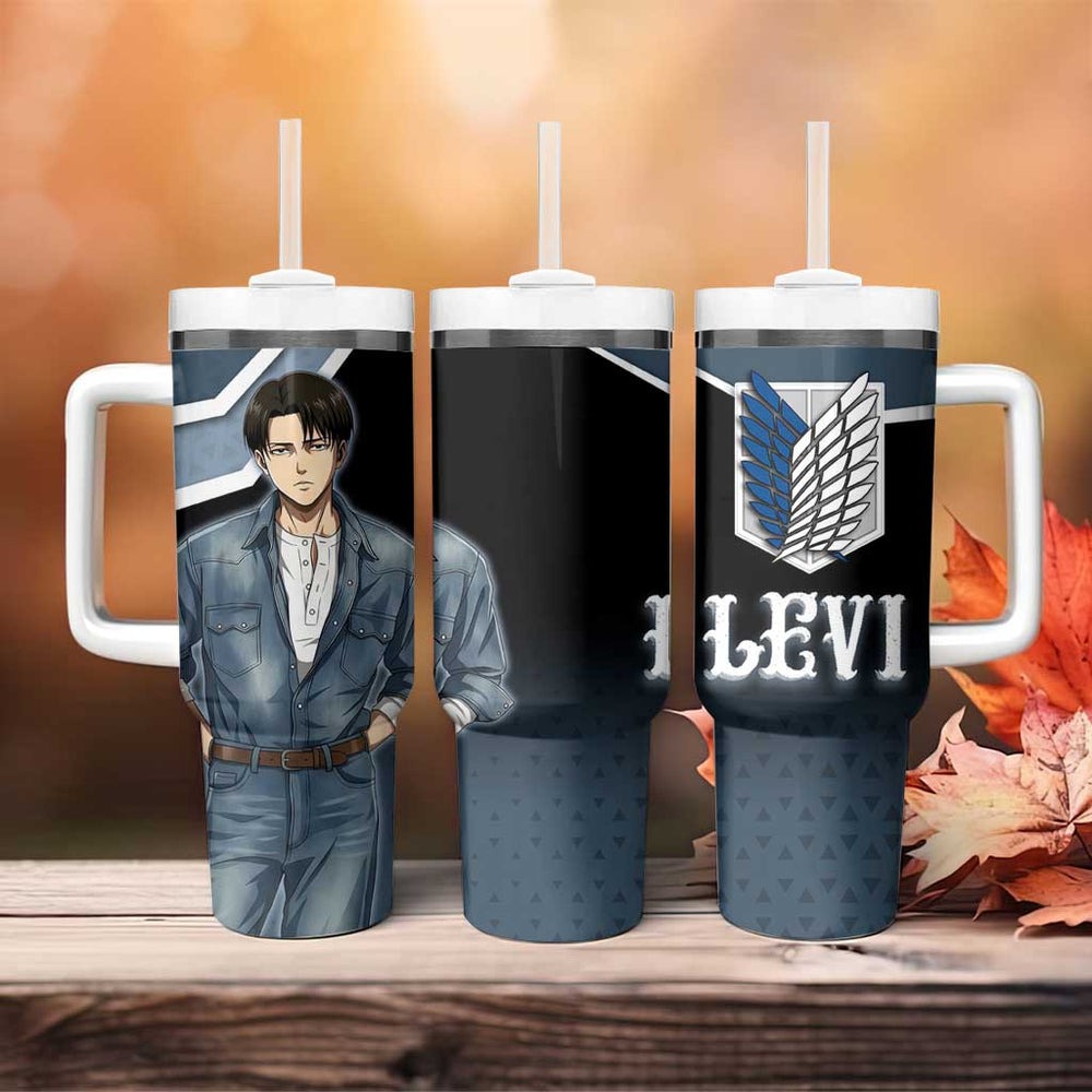 Levi Attack on Titan Tumbler With Handle Anime Denim Illustration TS04 Levi Attack on Titan Tumbler With Handle Anime Denim Illustration TS04