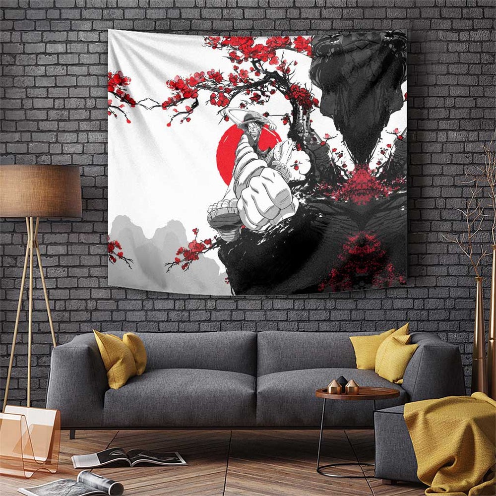 Luffy Gear 3 One Piece Anime White and Red Japanese Art Style Tumbler With Handle with Cherry Blossom Tree and Straw Hat Pirates Jolly Roger TS04