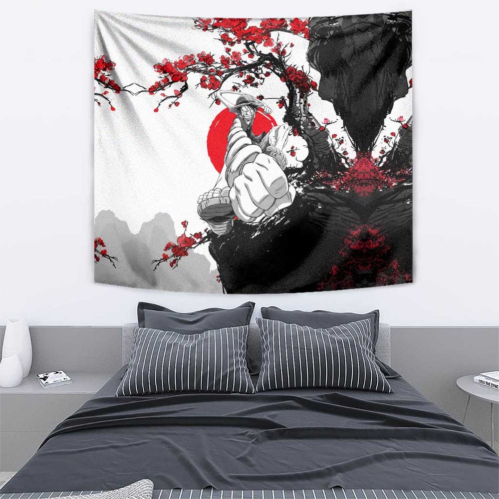 Luffy Gear 3 One Piece Anime White and Red Japanese Art Style Tumbler With Handle with Cherry Blossom Tree and Straw Hat Pirates Jolly Roger TS04