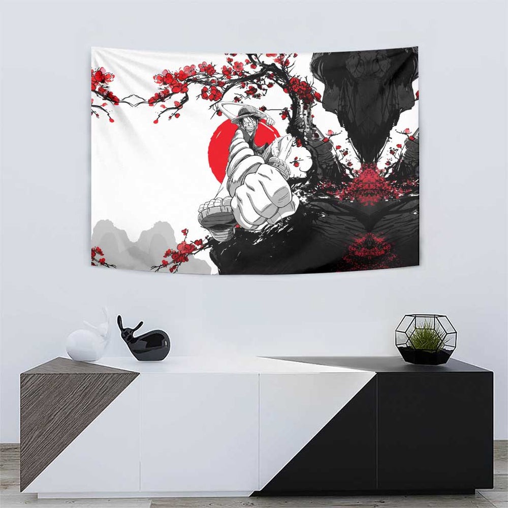 Luffy Gear 3 One Piece Anime White and Red Japanese Art Style Tumbler With Handle with Cherry Blossom Tree and Straw Hat Pirates Jolly Roger TS04