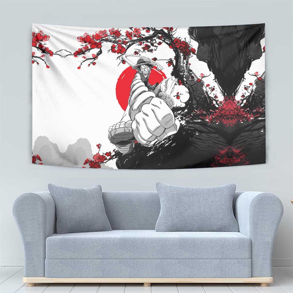 Luffy Gear 3 One Piece Anime White and Red Japanese Art Style Tumbler With Handle with Cherry Blossom Tree and Straw Hat Pirates Jolly Roger TS04