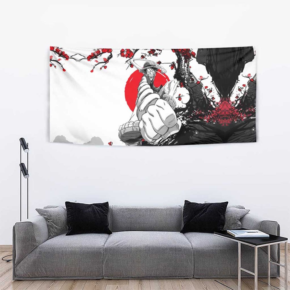 Luffy Gear 3 One Piece Anime White and Red Japanese Art Style Tumbler With Handle with Cherry Blossom Tree and Straw Hat Pirates Jolly Roger TS04