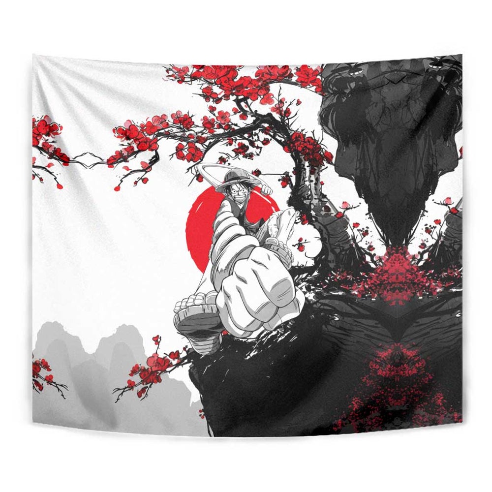 Luffy Gear 3 One Piece Anime White and Red Japanese Art Style Tumbler With Handle with Cherry Blossom Tree and Straw Hat Pirates Jolly Roger TS04