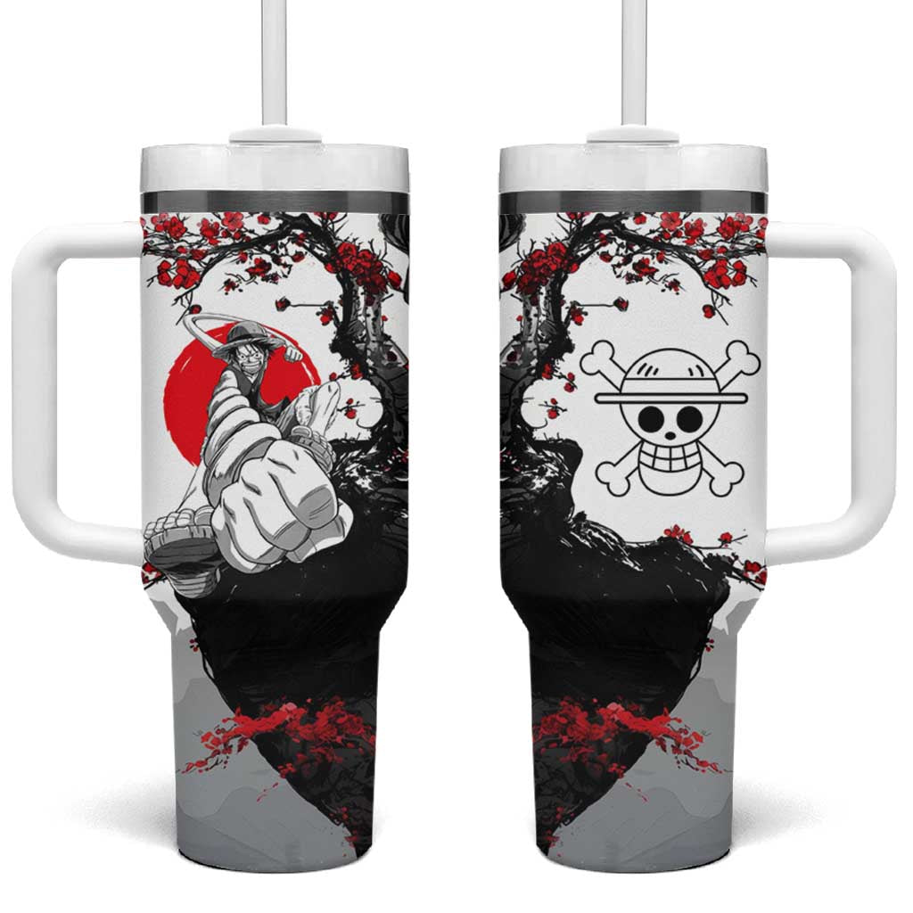 Luffy Gear 3 One Piece Anime White and Red Japanese Art Style Tumbler With Handle with Cherry Blossom Tree and Straw Hat Pirates Jolly Roger TS04