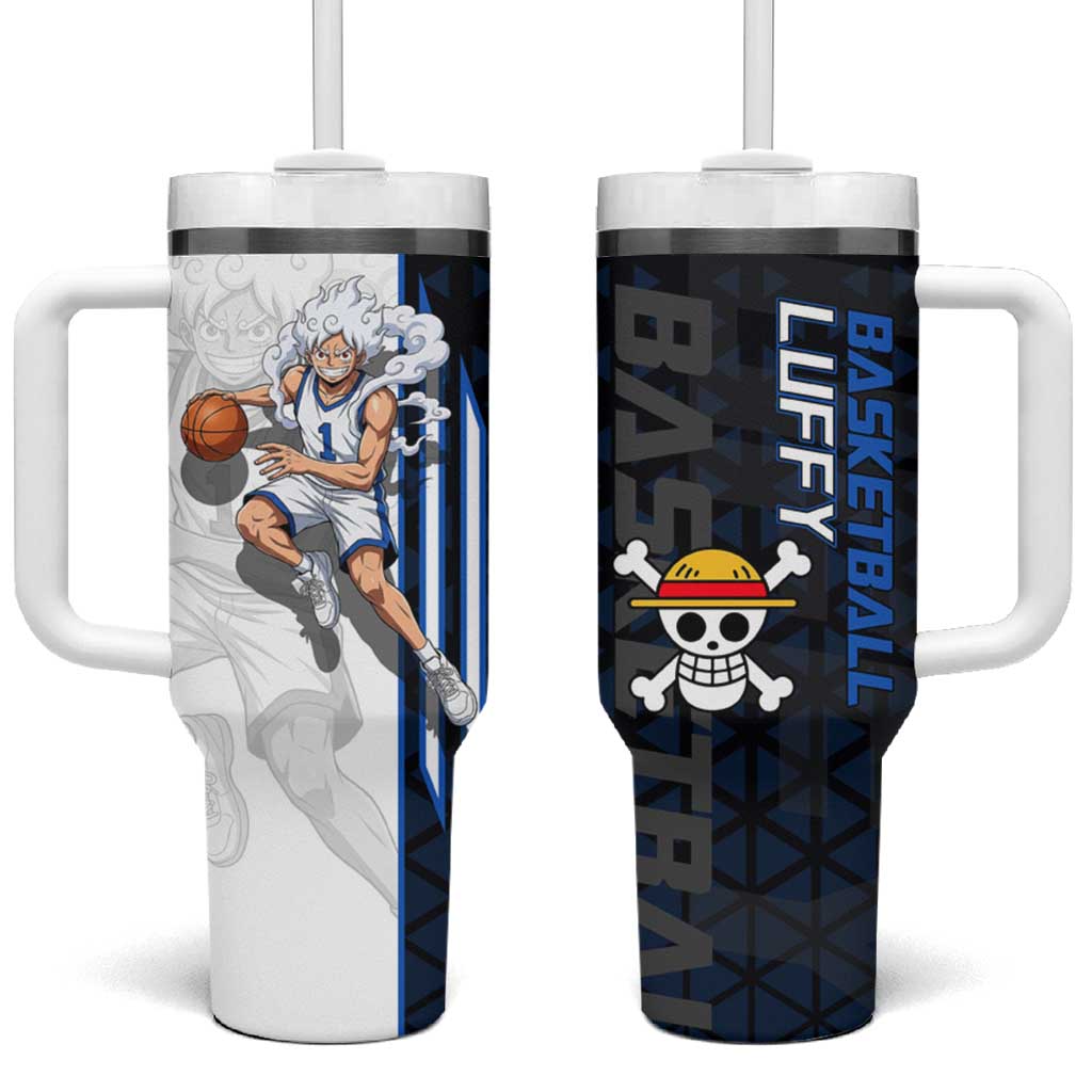 Luffy Gear 5 One Piece Basketball Theme White and Black Design Tumbler With Handle with Straw Hat Emblem and Dynamic Action Pose TS04