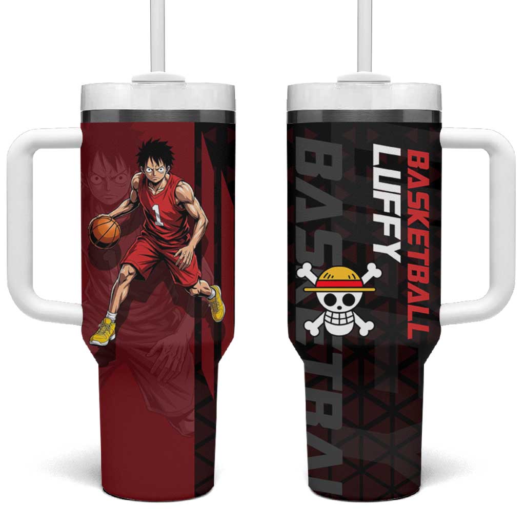 Luffy One Piece Basketball Theme Red and Black Design Tumbler With Handle with Straw Hat Pirate Logo and Sports Pose TS04