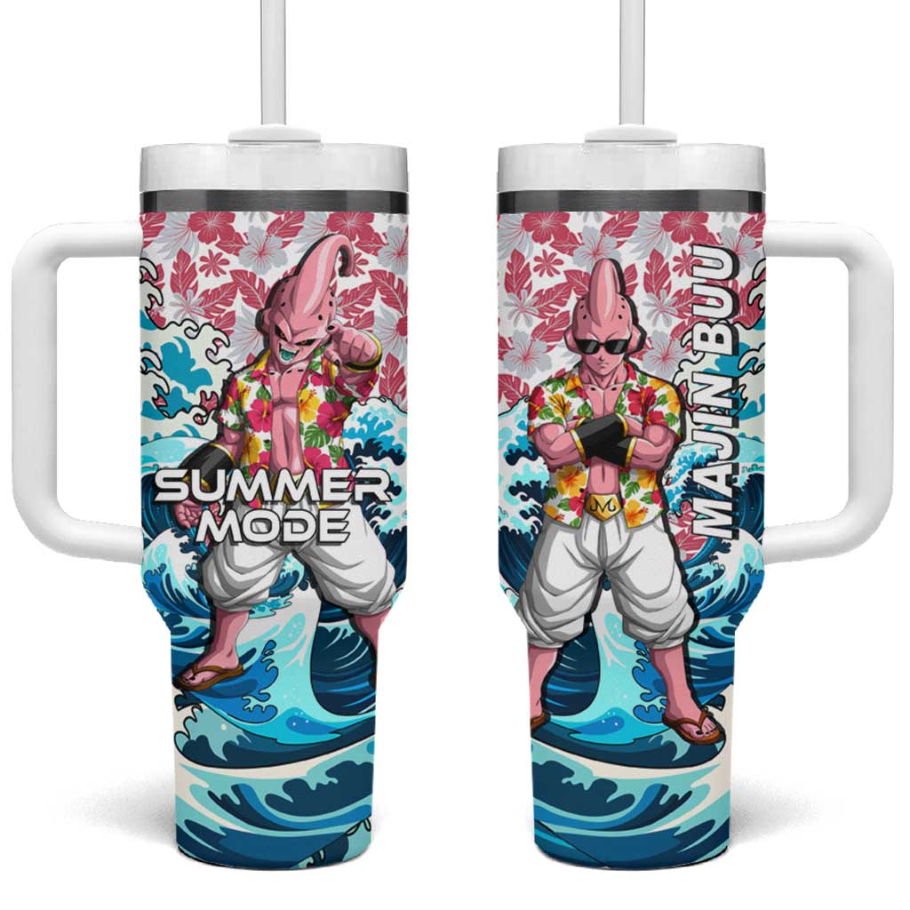 Majin Buu Dragon Ball Summer Theme Tumbler With Handle with Floral Shirt Sunglasses Shenron and Ocean Wave Background TS04