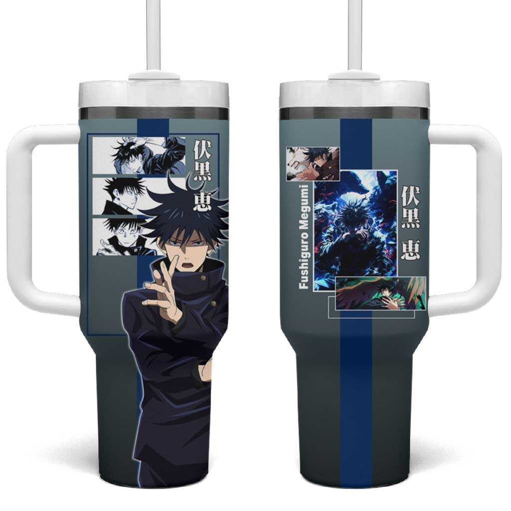 Megumi Fushiguro from Jujutsu Kaisen Tumbler With Handle with Dark Blue and Black Background and Multiple Poses Design TS04