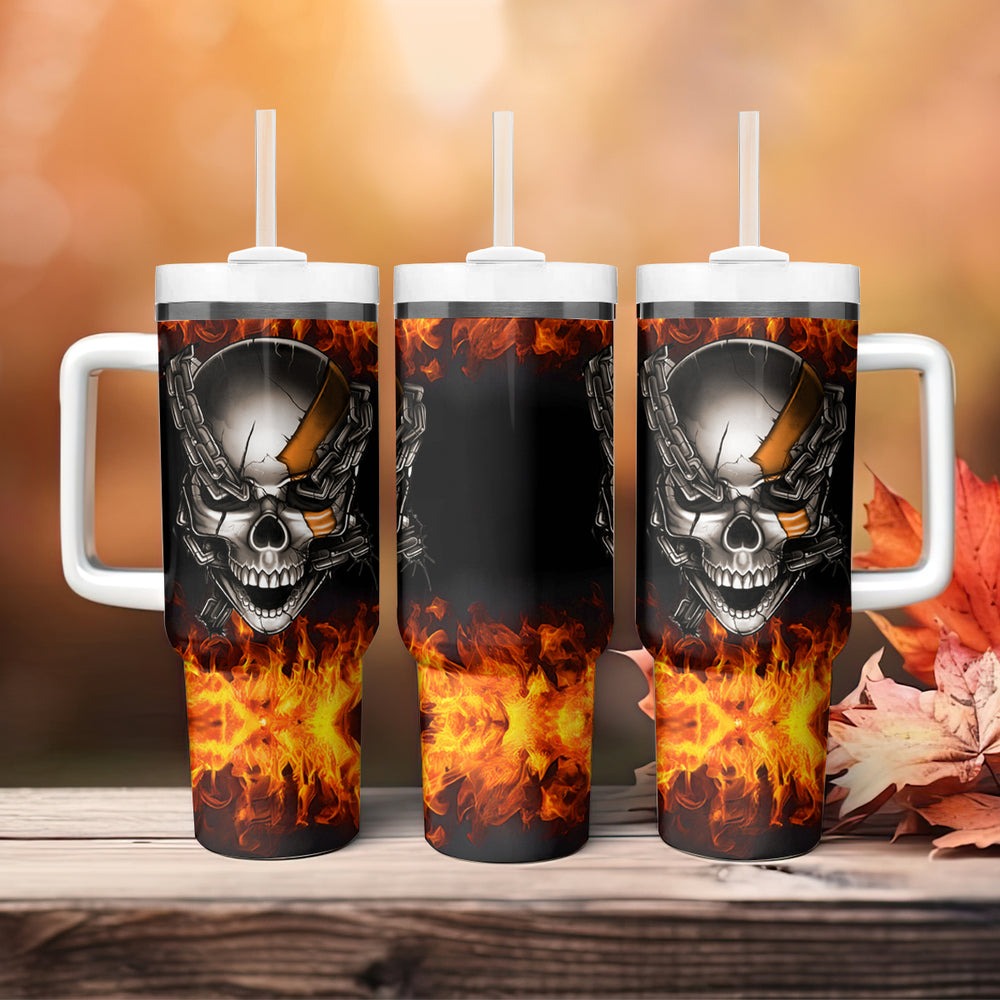 Metal Skull Tumbler With Handle Infernal Chains in Fiery Abyss DT01 Metal Skull Tumbler With Handle Infernal Chains in Fiery Abyss DT01