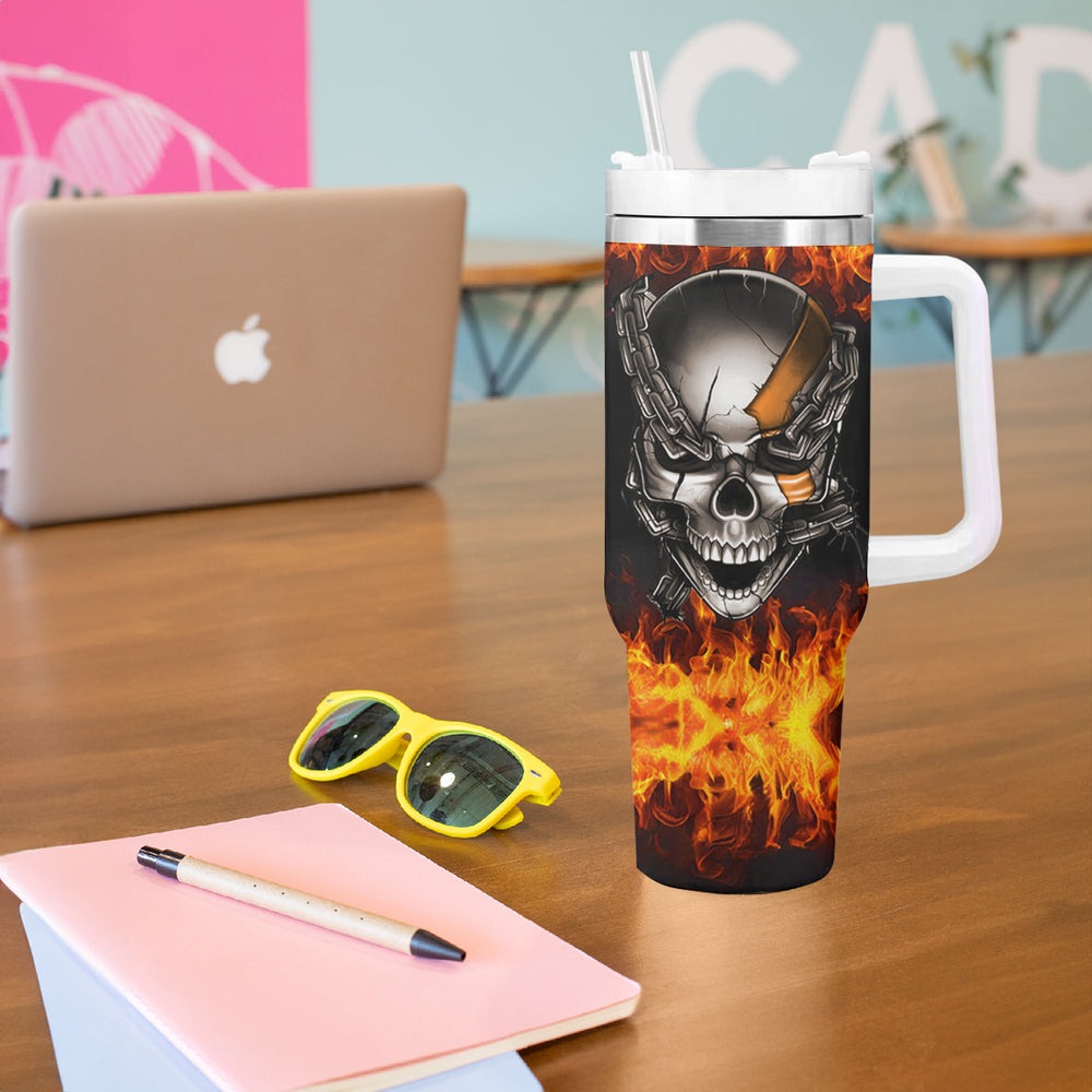 Metal Skull Tumbler With Handle Infernal Chains in Fiery Abyss DT01 Metal Skull Tumbler With Handle Infernal Chains in Fiery Abyss DT01