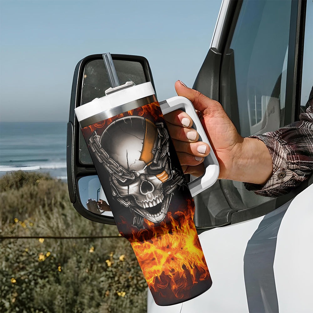 Metal Skull Tumbler With Handle Infernal Chains in Fiery Abyss DT01 Metal Skull Tumbler With Handle Infernal Chains in Fiery Abyss DT01