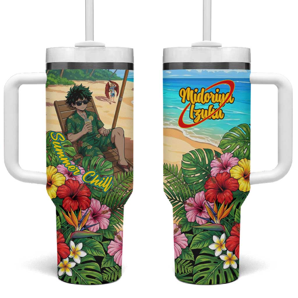 Midoriya Izuku Summer Chill Tumbler With Handle Tropical Anime Relaxation Scene TS04