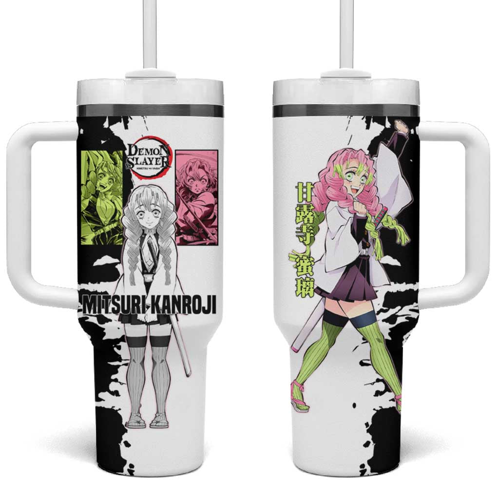 Mitsuri Kanroji from Demon Slayer Tumbler With Handle with Black and White Split Background and Energetic Sword Pose Manga Style Design TS04