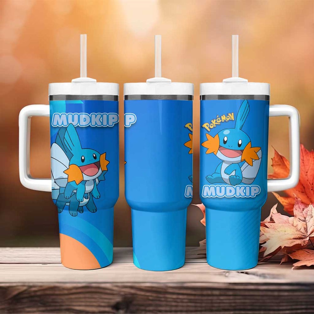 Mudkip Poké Tumbler With Handle Playful Blue Gradient Cartoon Style TS04 Mudkip Poké Tumbler With Handle Playful Blue Gradient Cartoon Style TS04
