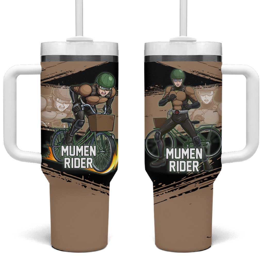 Mumen Rider One Punch Man Anime Brown and Black Tumbler With Handle with Bicycle Hero Pose and Inspirational Determination Design TS04