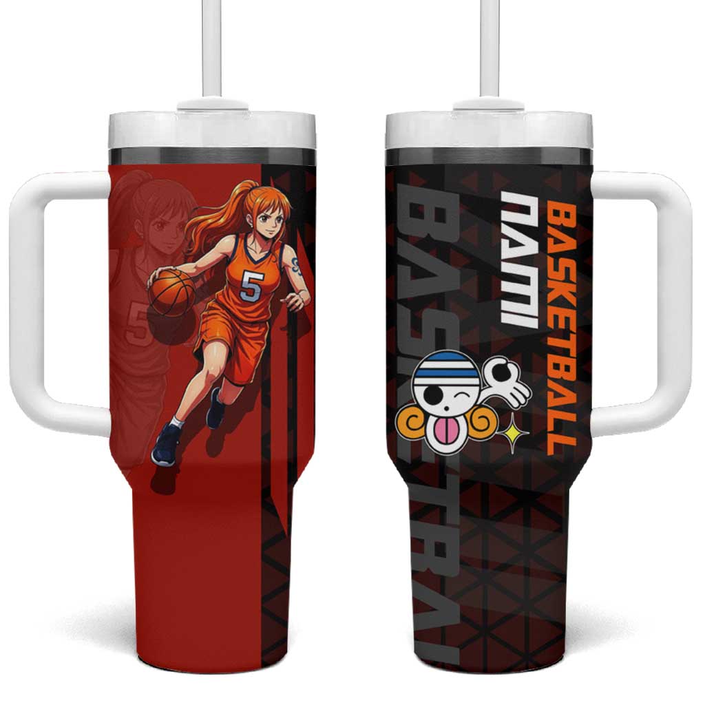Nami One Piece Basketball Theme Red and Black Design Tumbler With Handle with Action Pose and Straw Hat Logo TS04