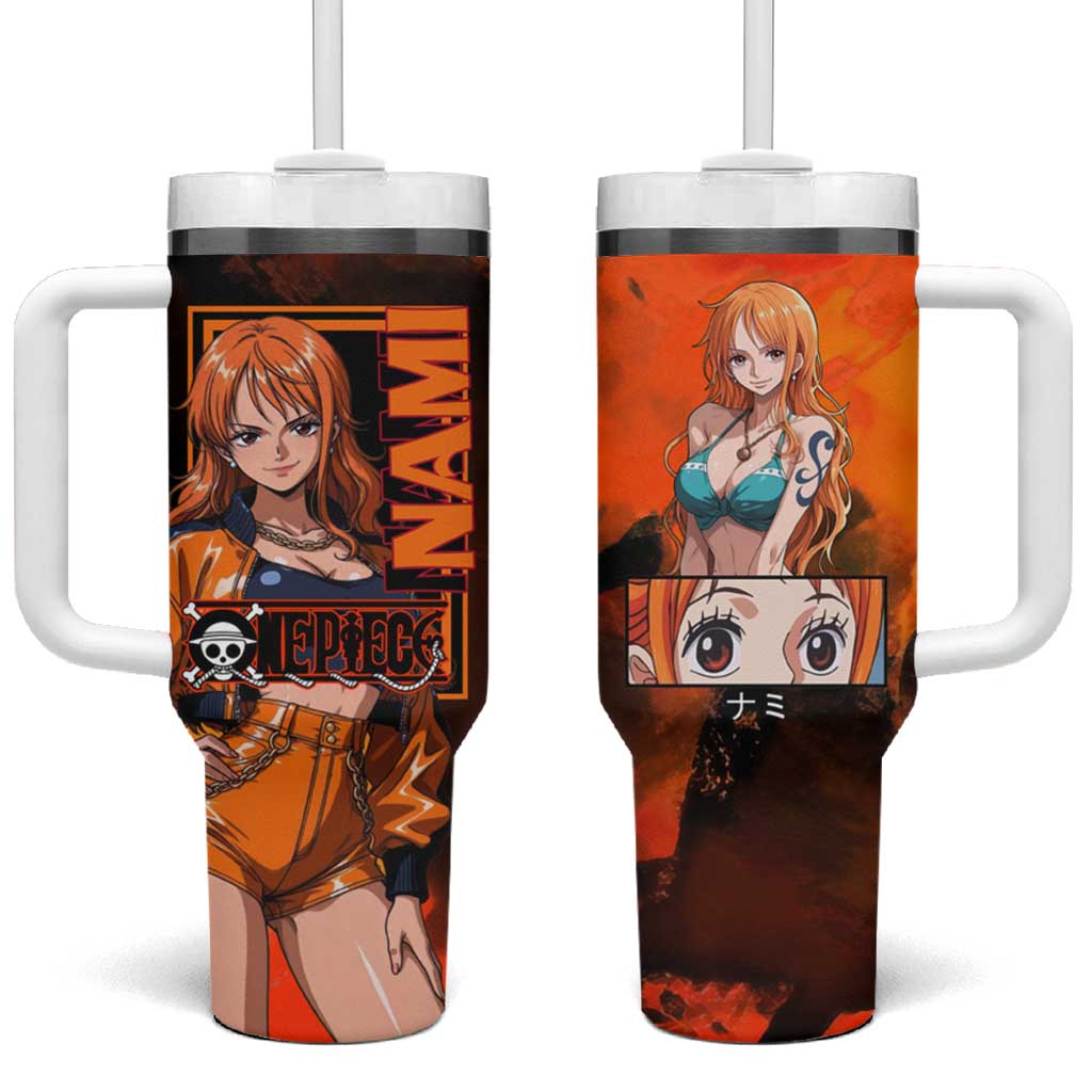 Nami One Piece Orange and Black Theme Tumbler With Handle with Navigator Pose and Weather Staff Design TS04
