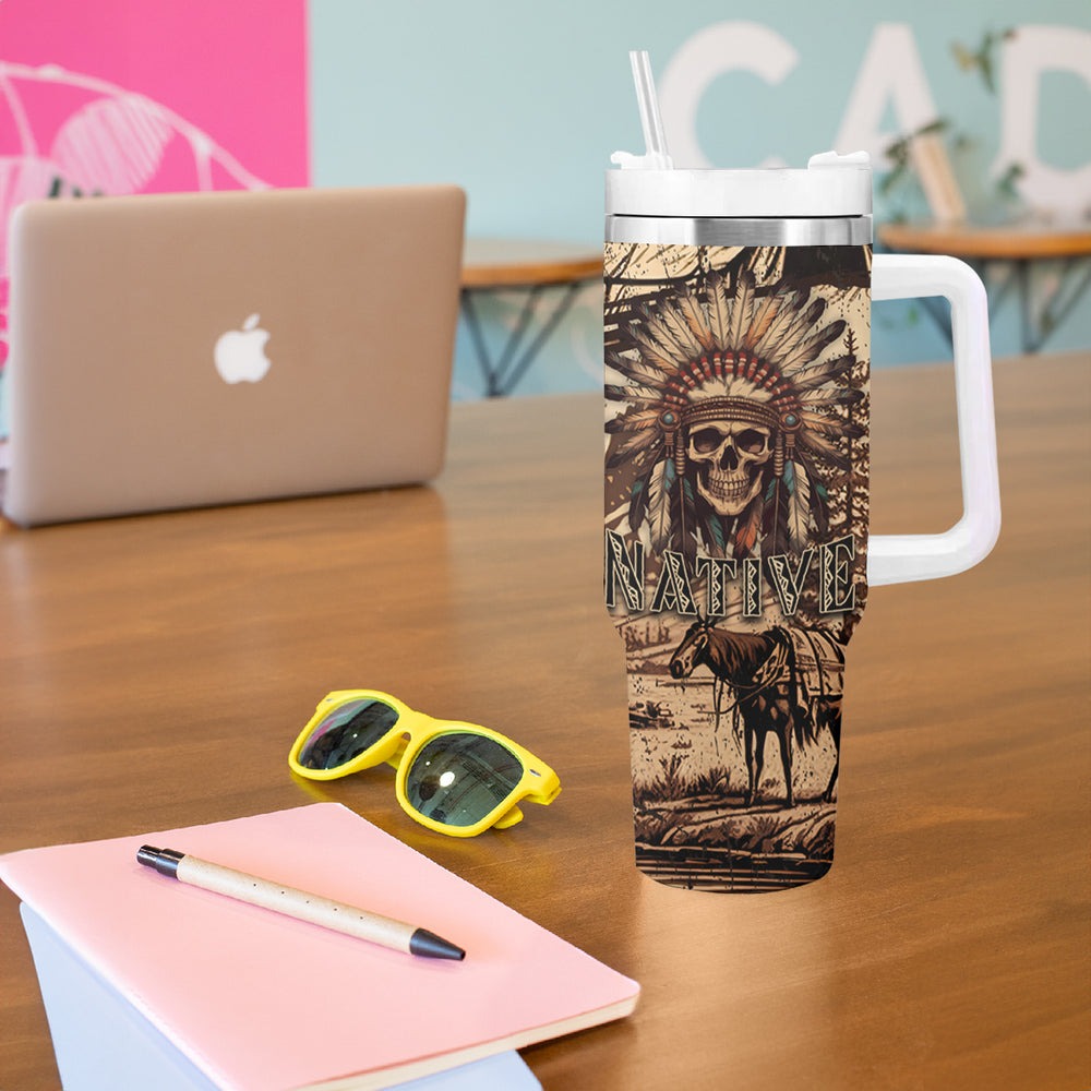 Native American Skull Tumbler With Handle American History Begins With Native History TS04 Native American Skull Tumbler With Handle American History Begins With Native History TS04