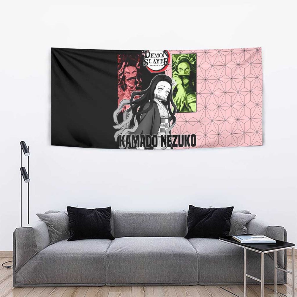 Nezuko Kamado from Demon Slayer Tumbler With Handle with Pink Pattern Kimono and Demon Form Flames Design TS04 Nezuko Kamado from Demon Slayer Tumbler With Handle with Pink Pattern Kimono and Demon Form Flames Design TS04