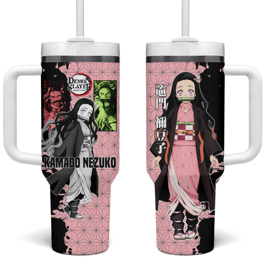 Nezuko Kamado from Demon Slayer Tumbler With Handle with Pink Pattern Kimono and Demon Form Flames Design TS04