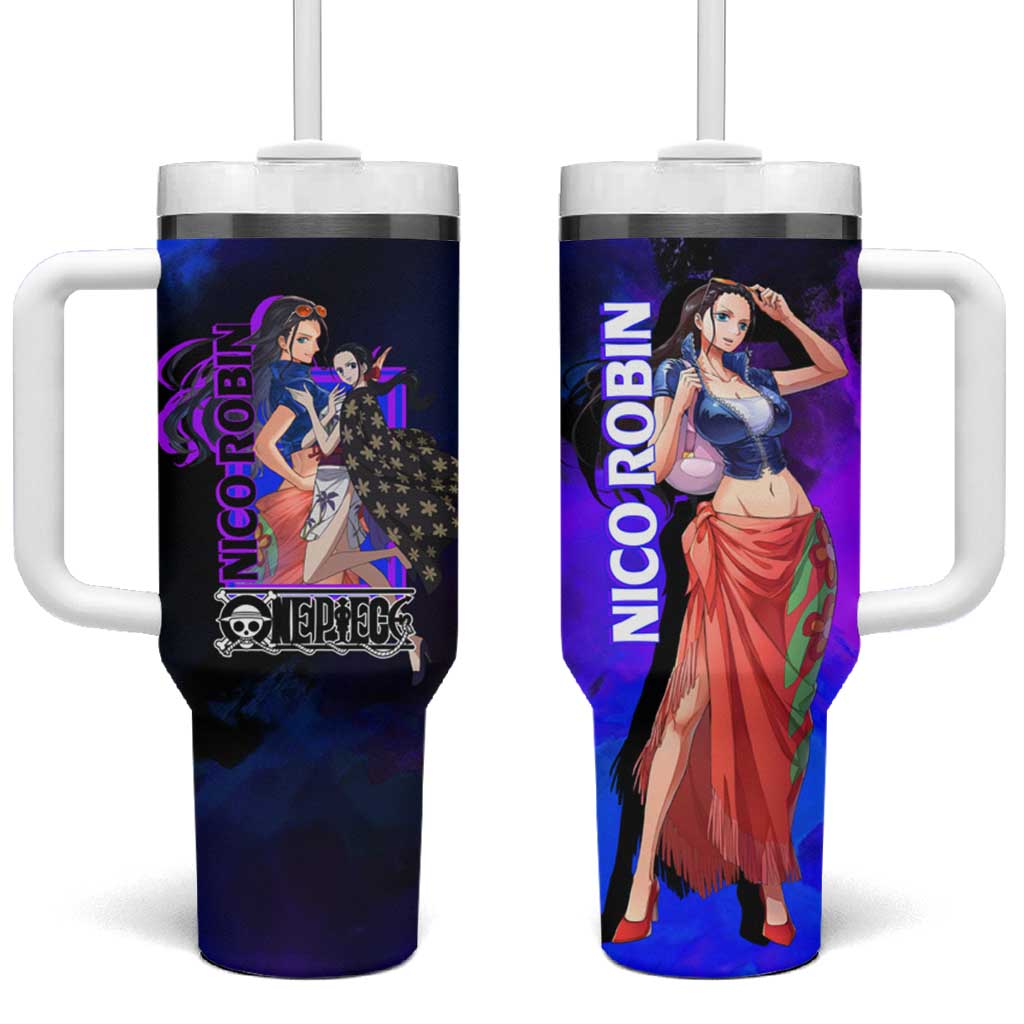 Nico Robin One Piece Purple and Blue Theme Tumbler With Handle with Floral Cape and Archaeologist Pose Design TS04