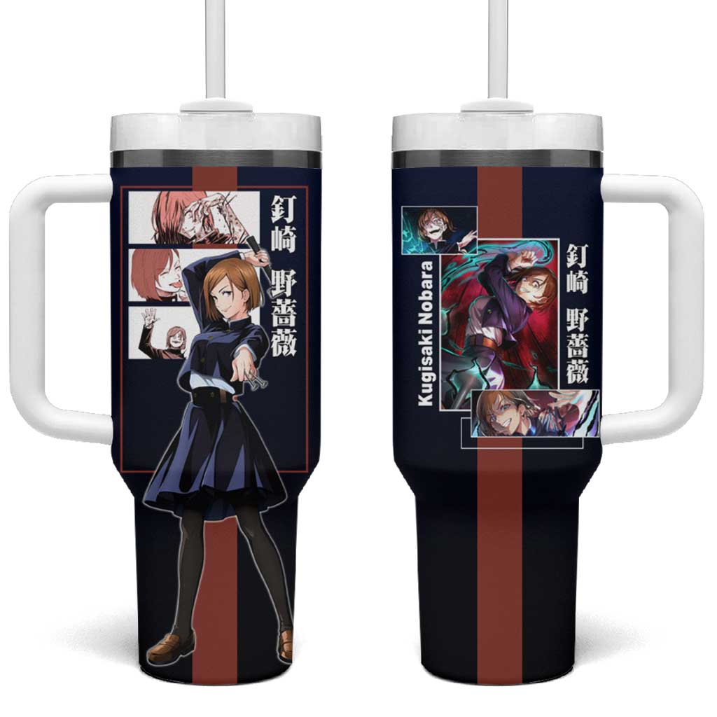 Nobara Kugisaki from Jujutsu Kaisen Tumbler With Handle with Dark Blue and Red Background and Multiple Poses Design TS04