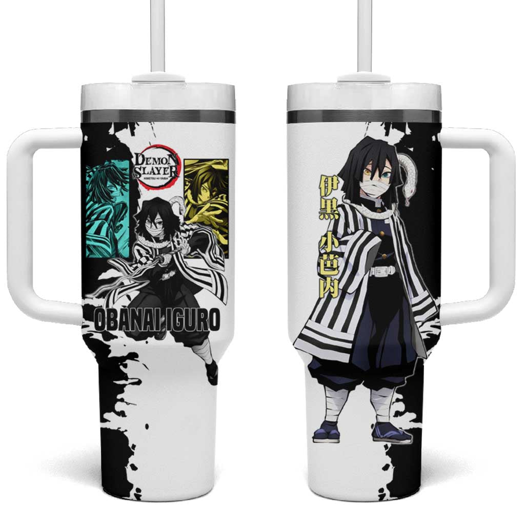 Obanai Iguro from Demon Slayer Tumbler With Handle with Black and White Contrast Background and Serpent-Themed Manga Style Design TS04