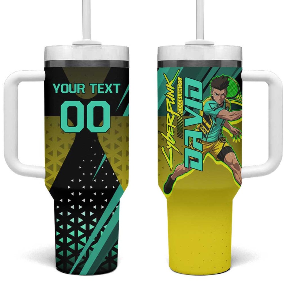 Personalized David Tennis Design Tumbler With Handle with a Cyberpunk Theme, Edgerunners Features Neon Green and Yellow Styling and a Powerful Pose TS04 Personalized David Tennis Design Tumbler With Handle with a Cyberpunk Theme, Edgerunners Features Neon Green and Yellow Styling and a Powerful Pose TS04
