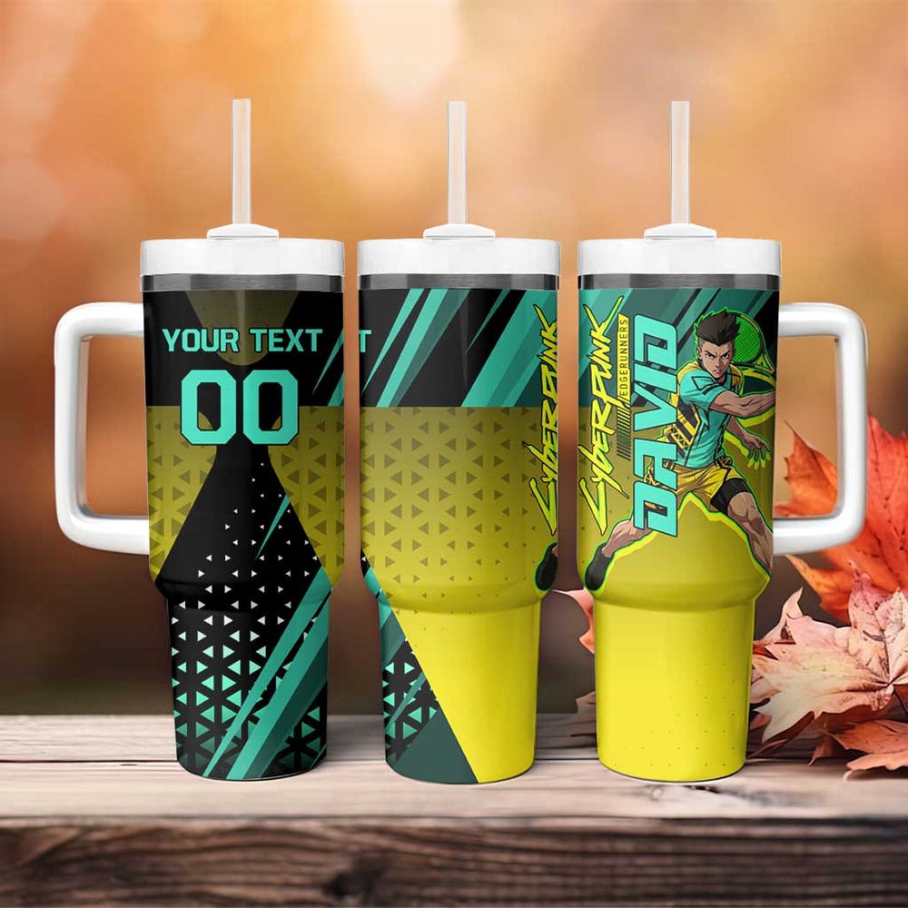 Personalized David Tennis Design Tumbler With Handle with a Cyberpunk Theme, Edgerunners Features Neon Green and Yellow Styling and a Powerful Pose TS04 Personalized David Tennis Design Tumbler With Handle with a Cyberpunk Theme, Edgerunners Features Neon Green and Yellow Styling and a Powerful Pose TS04