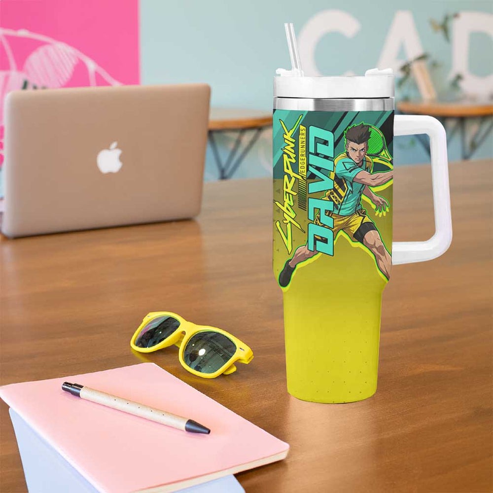 Personalized David Tennis Design Tumbler With Handle with a Cyberpunk Theme, Edgerunners Features Neon Green and Yellow Styling and a Powerful Pose TS04 Personalized David Tennis Design Tumbler With Handle with a Cyberpunk Theme, Edgerunners Features Neon Green and Yellow Styling and a Powerful Pose TS04