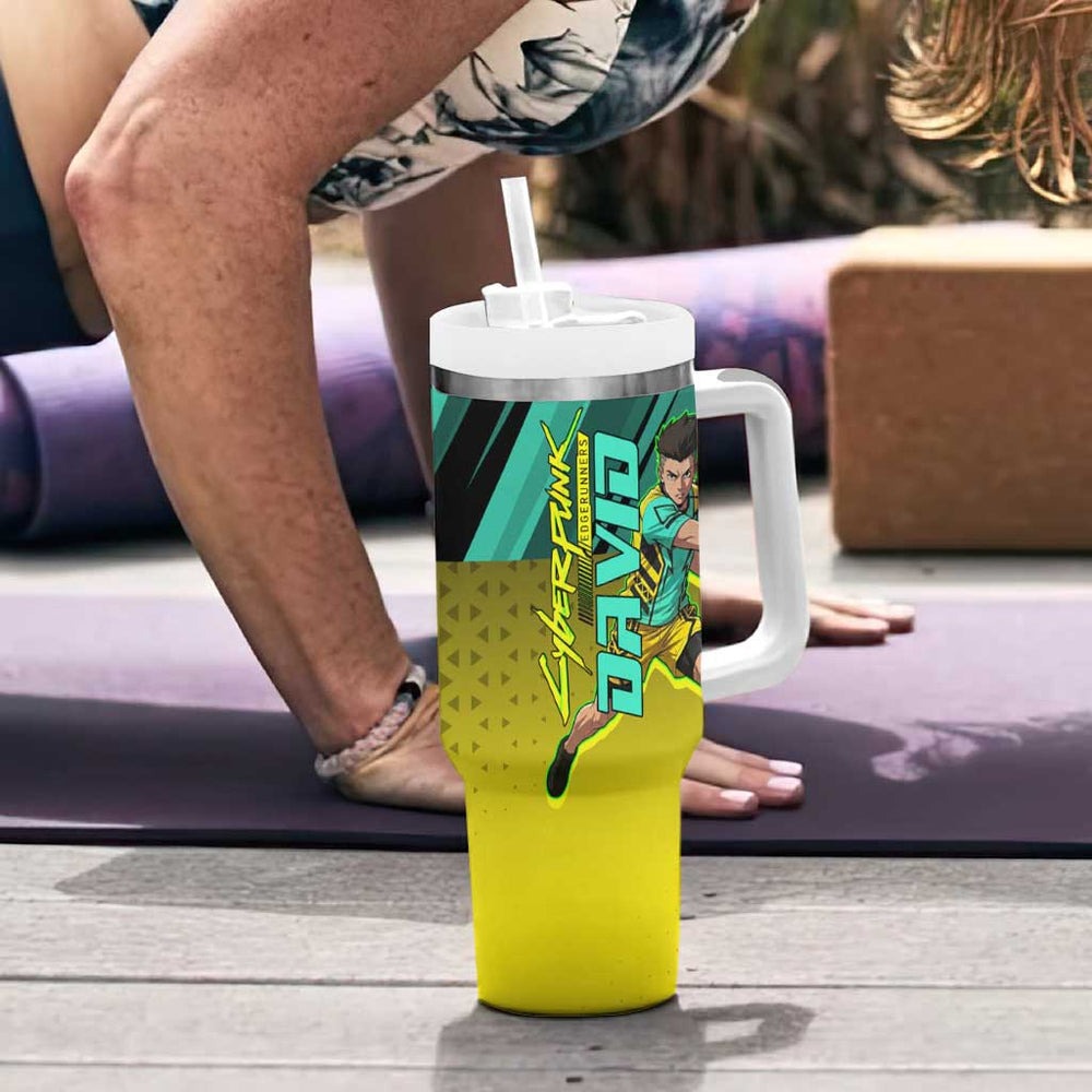 Personalized David Tennis Design Tumbler With Handle with a Cyberpunk Theme, Edgerunners Features Neon Green and Yellow Styling and a Powerful Pose TS04 Personalized David Tennis Design Tumbler With Handle with a Cyberpunk Theme, Edgerunners Features Neon Green and Yellow Styling and a Powerful Pose TS04