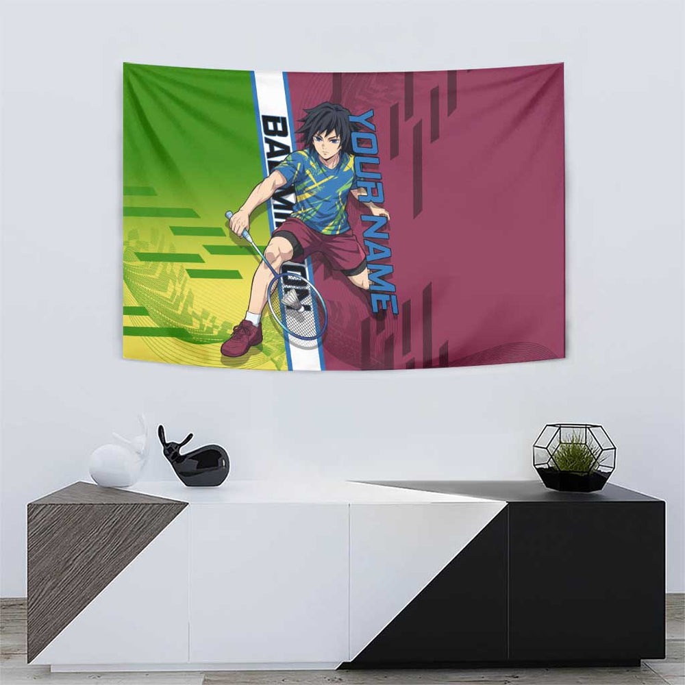 Personalized Giyuu Tomioka Demon Slayer Badminton Theme Tumbler With Handle with Racket Action Pose and Tricolor Graphic Design TS04