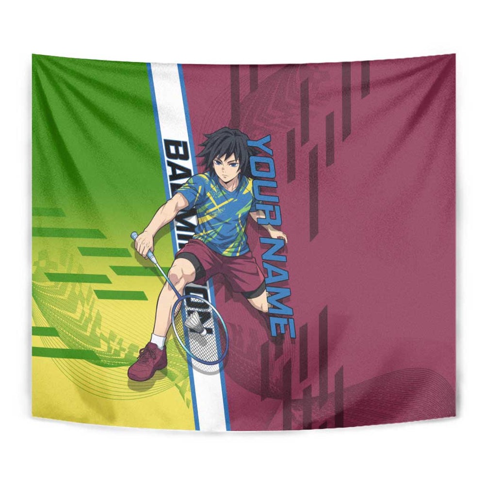 Personalized Giyuu Tomioka Demon Slayer Badminton Theme Tumbler With Handle with Racket Action Pose and Tricolor Graphic Design TS04
