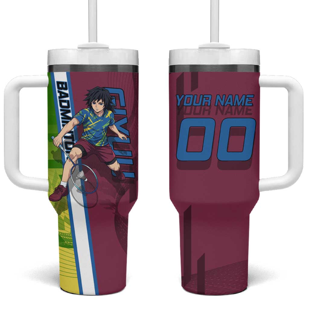 Personalized Giyuu Tomioka Demon Slayer Badminton Theme Tumbler With Handle with Racket Action Pose and Tricolor Graphic Design TS04