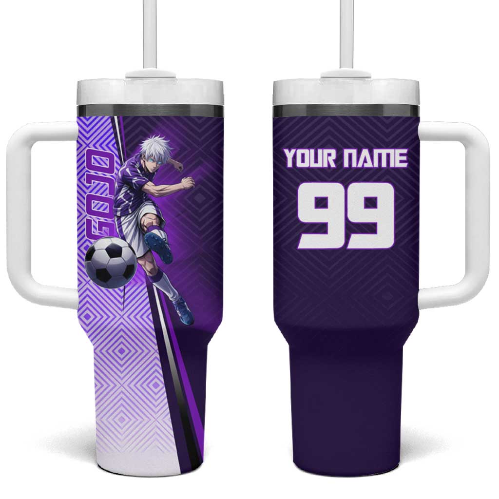 Personalized Gojo Satoru Jujutsu Kaisen Soccer Theme Tumbler With Handle with Kicking Pose and Purple Gradient Geometric Graphic Design TS04