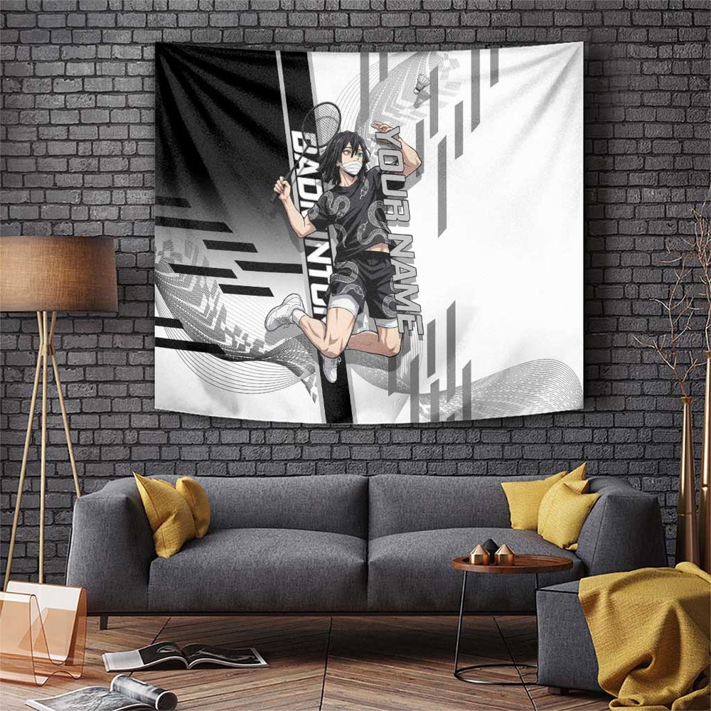 Personalized Obanai Iguro Demon Slayer Badminton Tumbler With Handle with Racket Action Pose and Black White Graphic Design TS04 Personalized Obanai Iguro Demon Slayer Badminton Tumbler With Handle with Racket Action Pose and Black White Graphic Design TS04