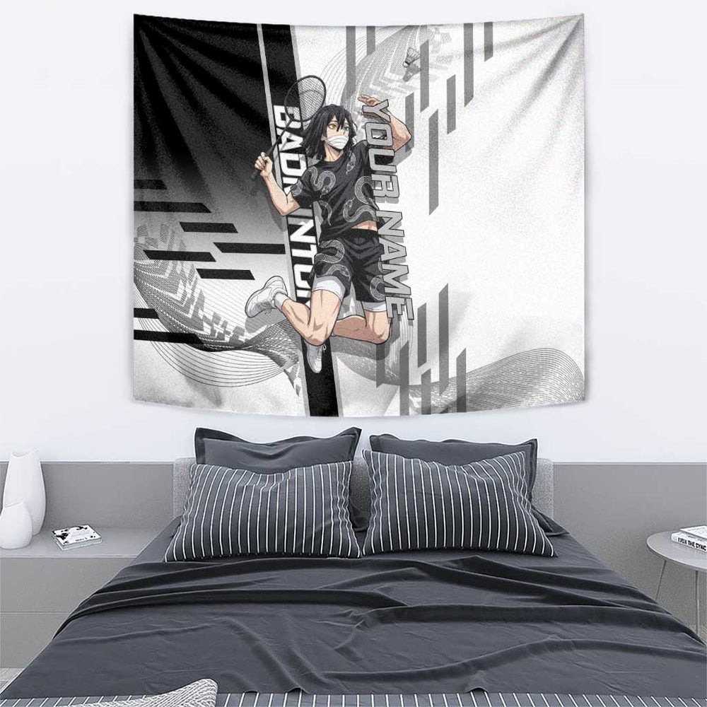Personalized Obanai Iguro Demon Slayer Badminton Tumbler With Handle with Racket Action Pose and Black White Graphic Design TS04 Personalized Obanai Iguro Demon Slayer Badminton Tumbler With Handle with Racket Action Pose and Black White Graphic Design TS04
