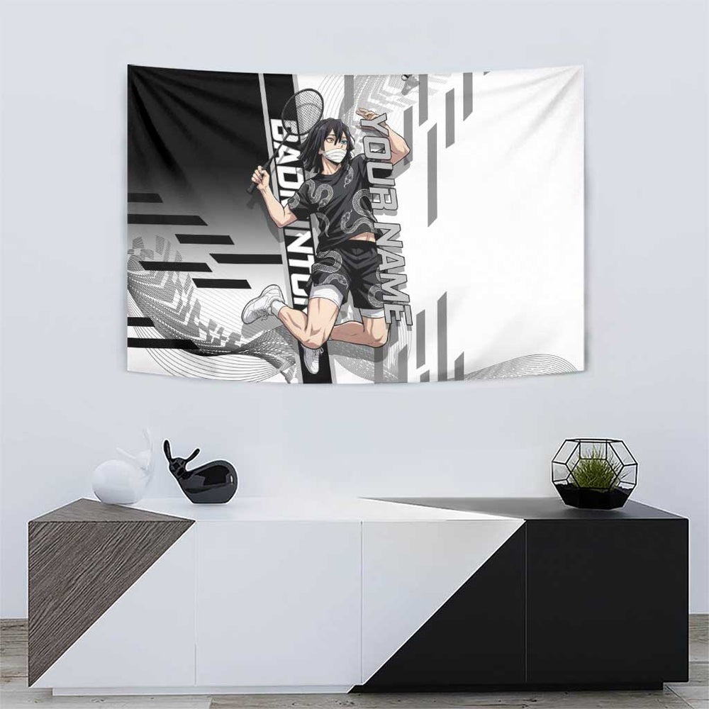 Personalized Obanai Iguro Demon Slayer Badminton Tumbler With Handle with Racket Action Pose and Black White Graphic Design TS04 Personalized Obanai Iguro Demon Slayer Badminton Tumbler With Handle with Racket Action Pose and Black White Graphic Design TS04