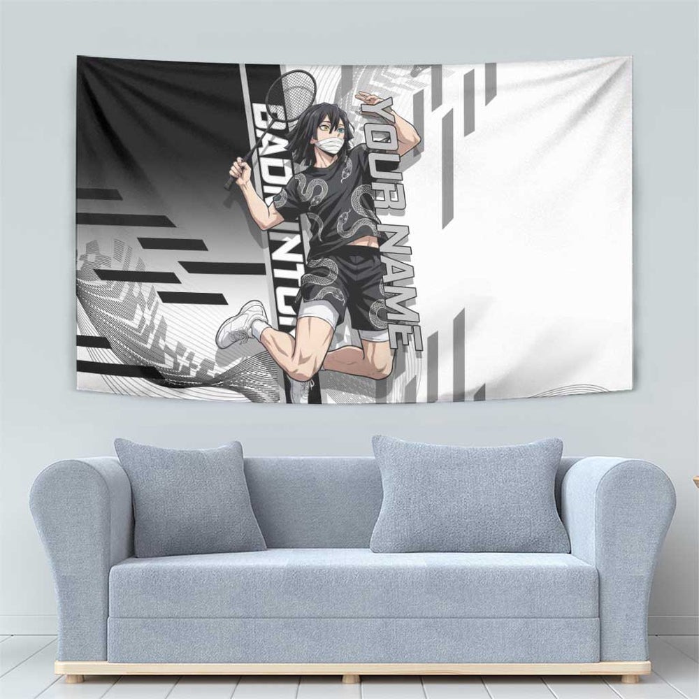 Personalized Obanai Iguro Demon Slayer Badminton Tumbler With Handle with Racket Action Pose and Black White Graphic Design TS04 Personalized Obanai Iguro Demon Slayer Badminton Tumbler With Handle with Racket Action Pose and Black White Graphic Design TS04