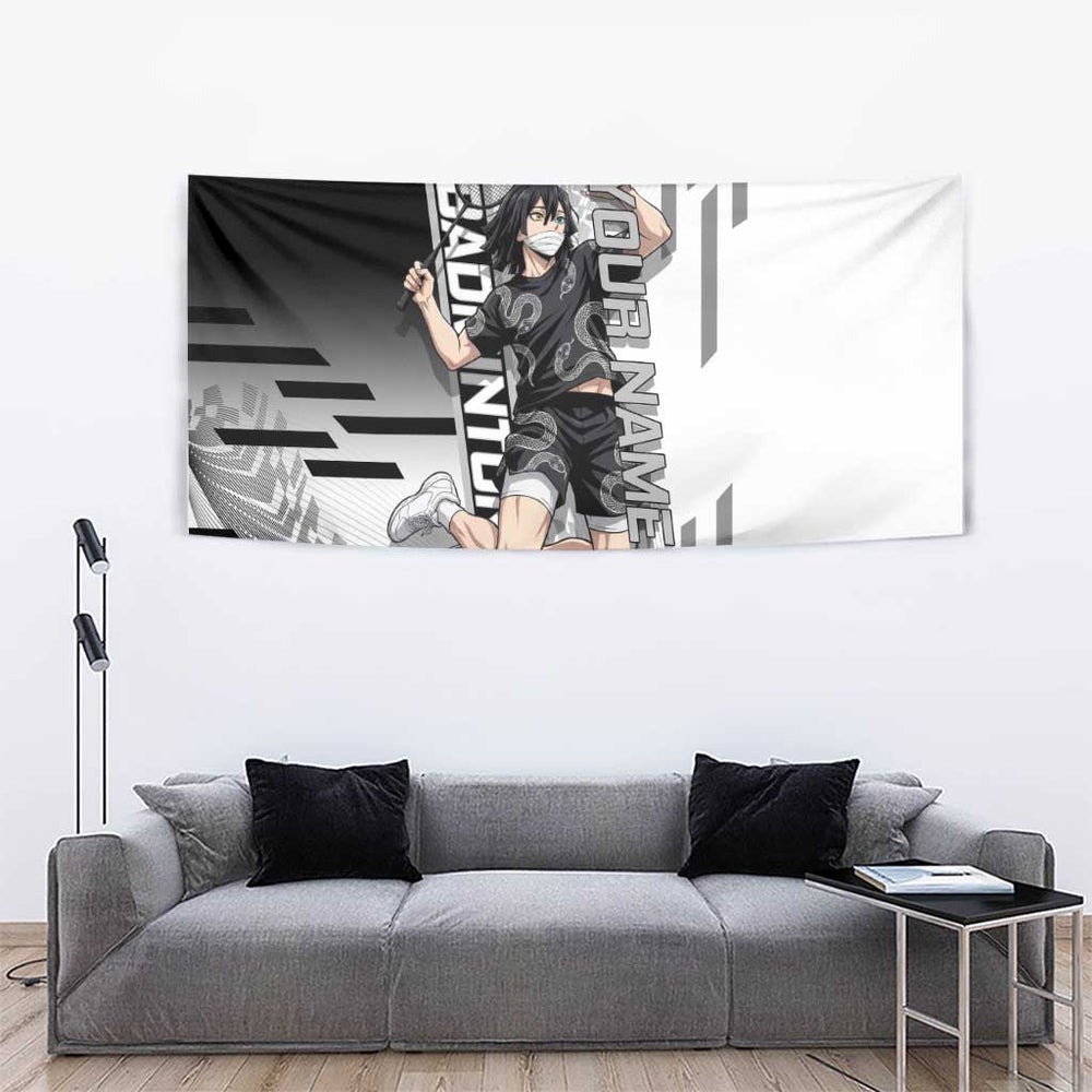 Personalized Obanai Iguro Demon Slayer Badminton Tumbler With Handle with Racket Action Pose and Black White Graphic Design TS04 Personalized Obanai Iguro Demon Slayer Badminton Tumbler With Handle with Racket Action Pose and Black White Graphic Design TS04