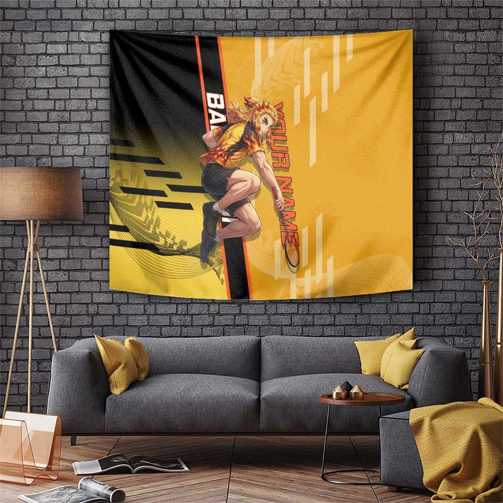 Personalized Rengoku Anime Badminton Theme Tumbler With Handle with Racket Action Pose and Fiery Yellow Black Graphic Design TS04 Personalized Rengoku Anime Badminton Theme Tumbler With Handle with Racket Action Pose and Fiery Yellow Black Graphic Design TS04