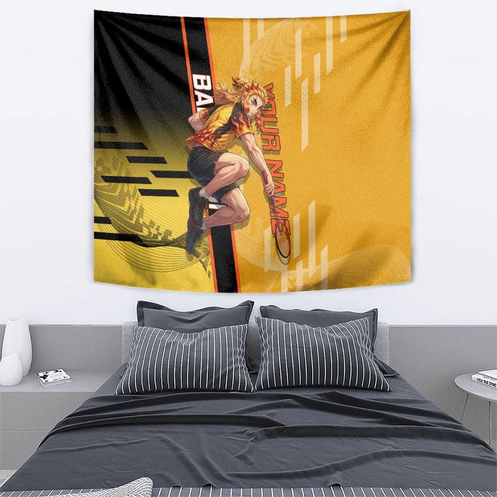 Personalized Rengoku Anime Badminton Theme Tumbler With Handle with Racket Action Pose and Fiery Yellow Black Graphic Design TS04 Personalized Rengoku Anime Badminton Theme Tumbler With Handle with Racket Action Pose and Fiery Yellow Black Graphic Design TS04