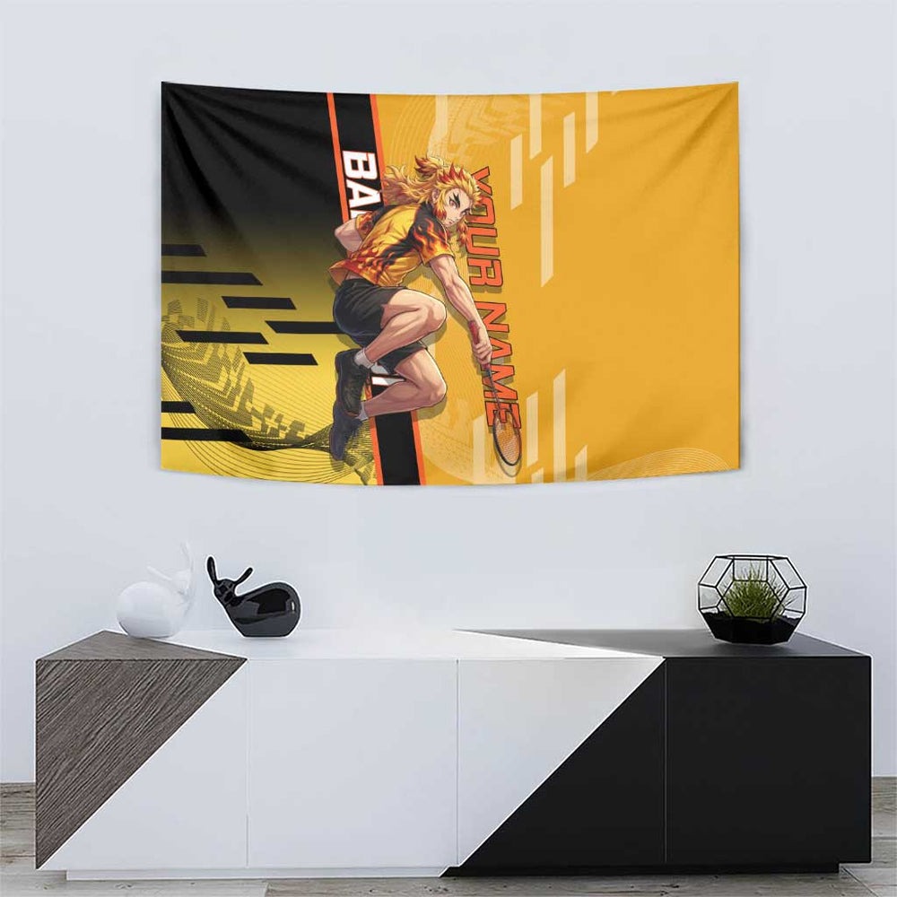 Personalized Rengoku Anime Badminton Theme Tumbler With Handle with Racket Action Pose and Fiery Yellow Black Graphic Design TS04 Personalized Rengoku Anime Badminton Theme Tumbler With Handle with Racket Action Pose and Fiery Yellow Black Graphic Design TS04
