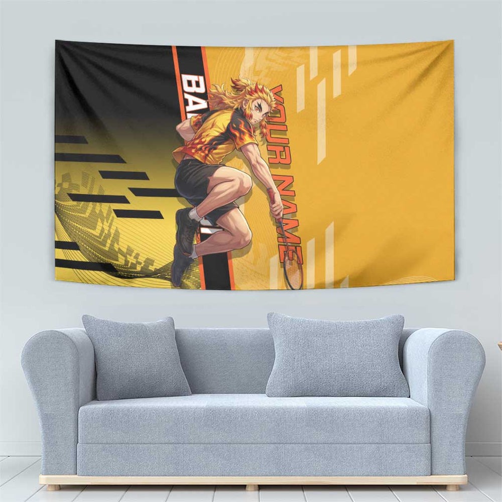 Personalized Rengoku Anime Badminton Theme Tumbler With Handle with Racket Action Pose and Fiery Yellow Black Graphic Design TS04 Personalized Rengoku Anime Badminton Theme Tumbler With Handle with Racket Action Pose and Fiery Yellow Black Graphic Design TS04